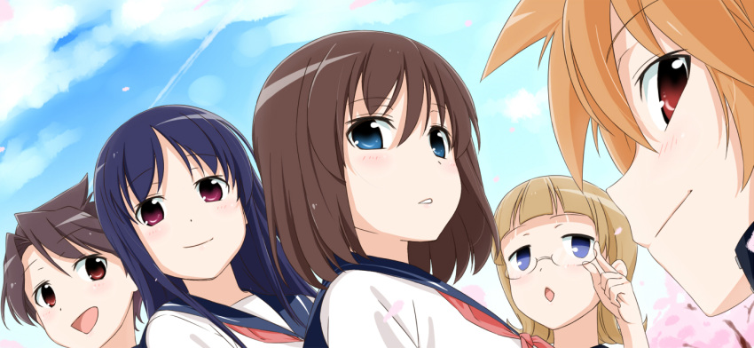 adjusting_glasses, blonde_hair, blue_eyes, blue_hair, blush, brown_eyes, brown_hair, chikuishi
