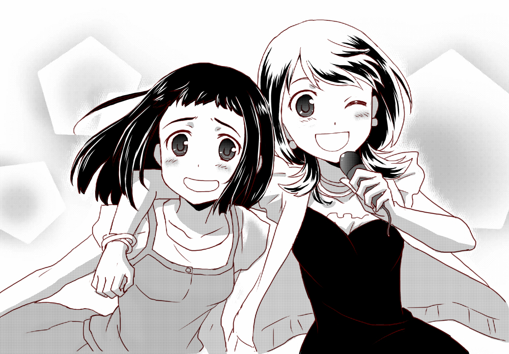 arm_around_neck, blush, dress, earrings, fukuyo_kouko, jacket, jewelry, kiropin