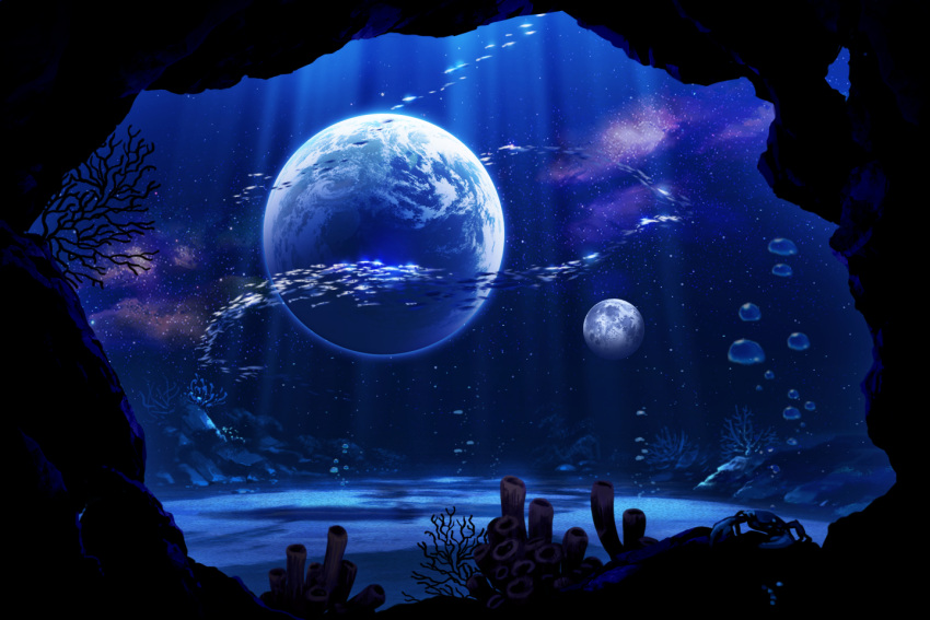 absurdres, earth, fish, full_moon, highres, moon, moonlight, night