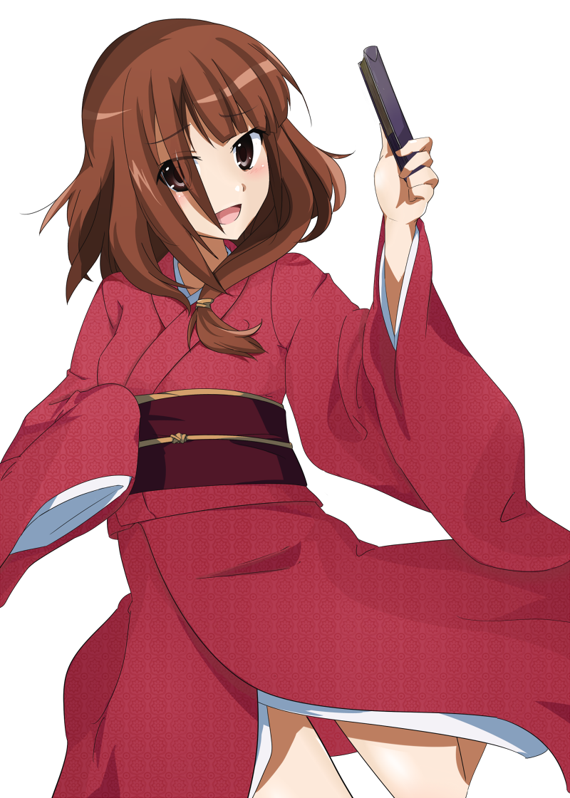 brown_eyes, brown_hair, fan, front_ponytail, japanese_clothes, kimono, long_hair, looking_at_viewer