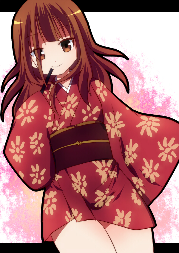 brown_eyes, brown_hair, fan, front_ponytail, japanese_clothes, kimono, long_hair, looking_at_viewer, mihirogi_uta, nobu0, saki, saki_achiga-hen, short_kimono, smile, solo, standing