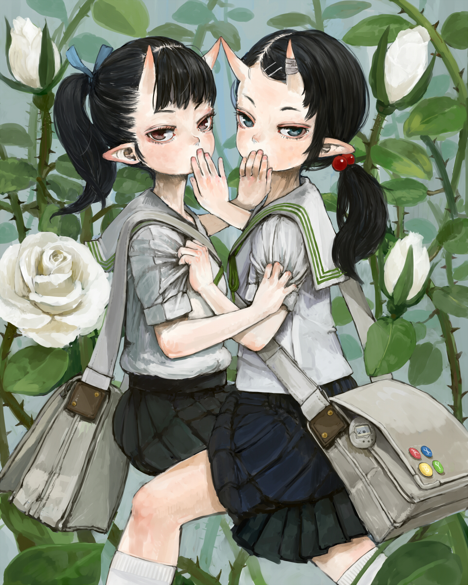 bag, black_hair, blue_eyes, buttons, clothes_grab, hair_ribbon, hand_over_mouth, highres