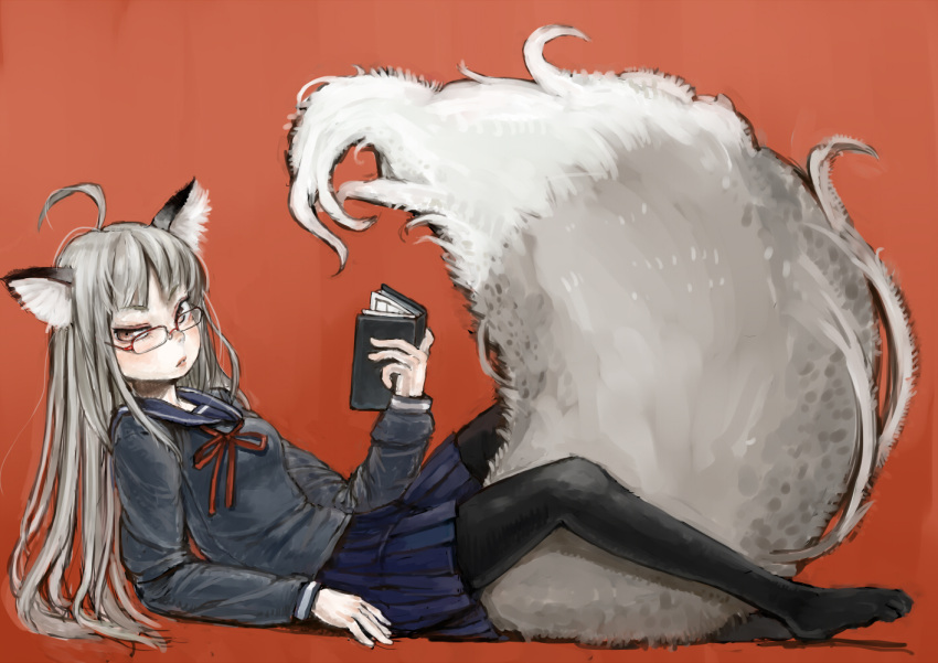 ahoge, animal_ears, black_legwear, book, brown_eyes, copyright_request, fox_ears, fox_tail