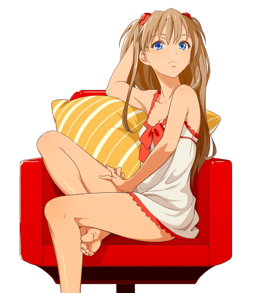 9aki, bare_shoulders, barefoot, blue_eyes, breasts, brown_hair, camisole, cleavage