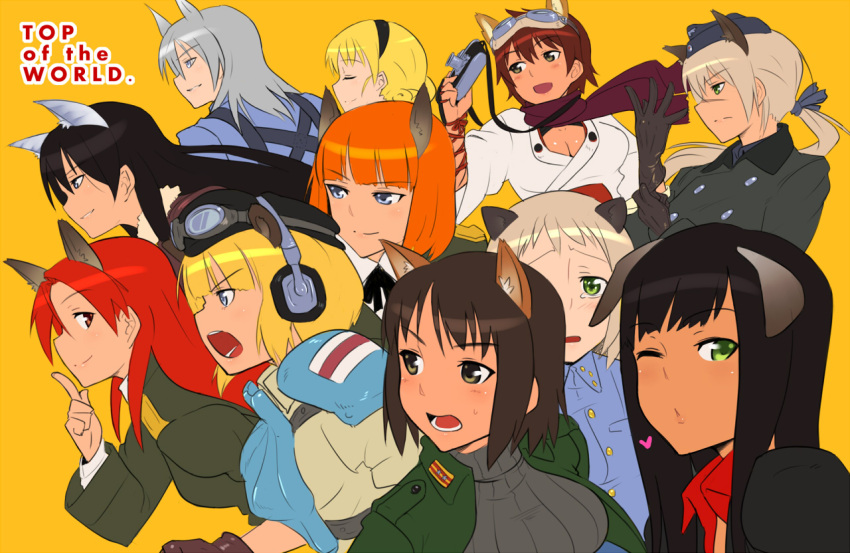 adolfine_galland, animal_ears, aurora_e_juutilainen, black_hair, blonde_hair, blown_kiss, blue_eyes, brown_eyes
