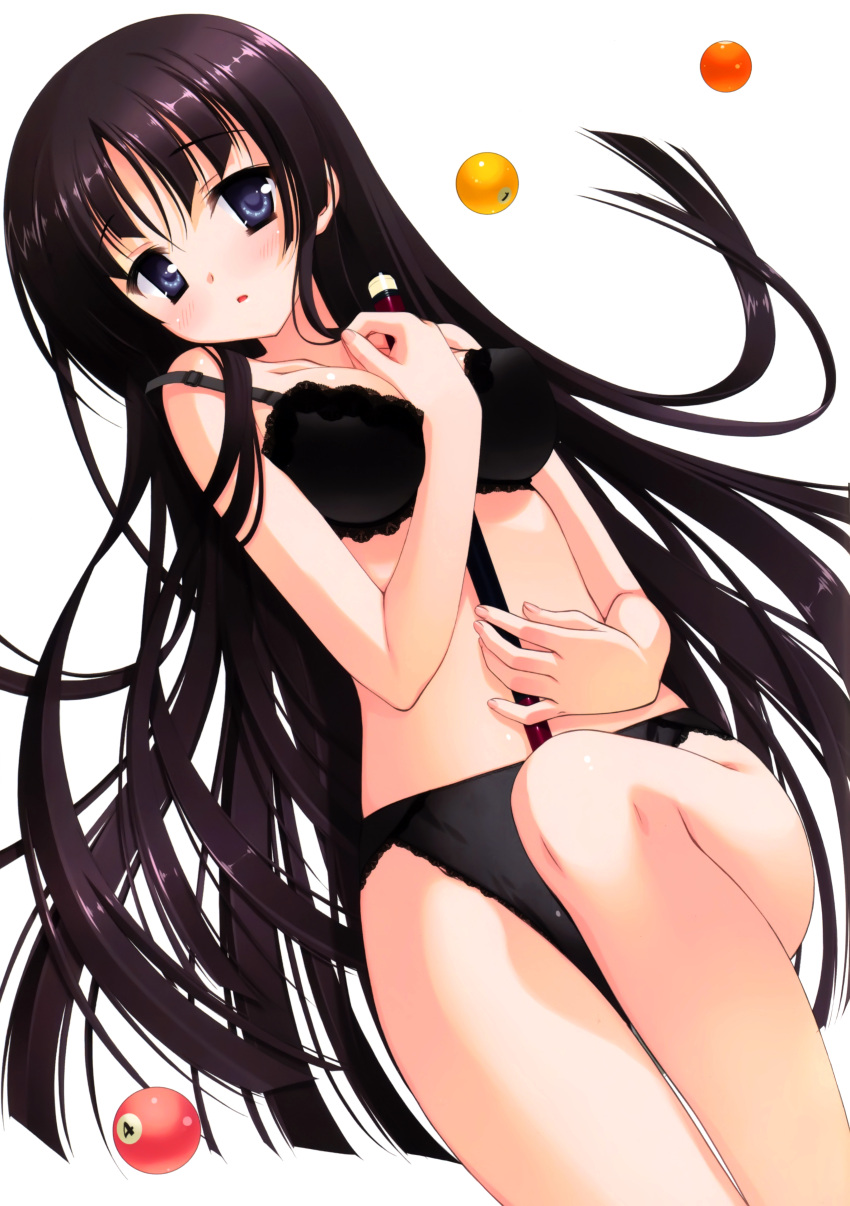 absurdres, between_breasts, black_bra, black_hair, black_panties, blue_eyes, bra, breasts