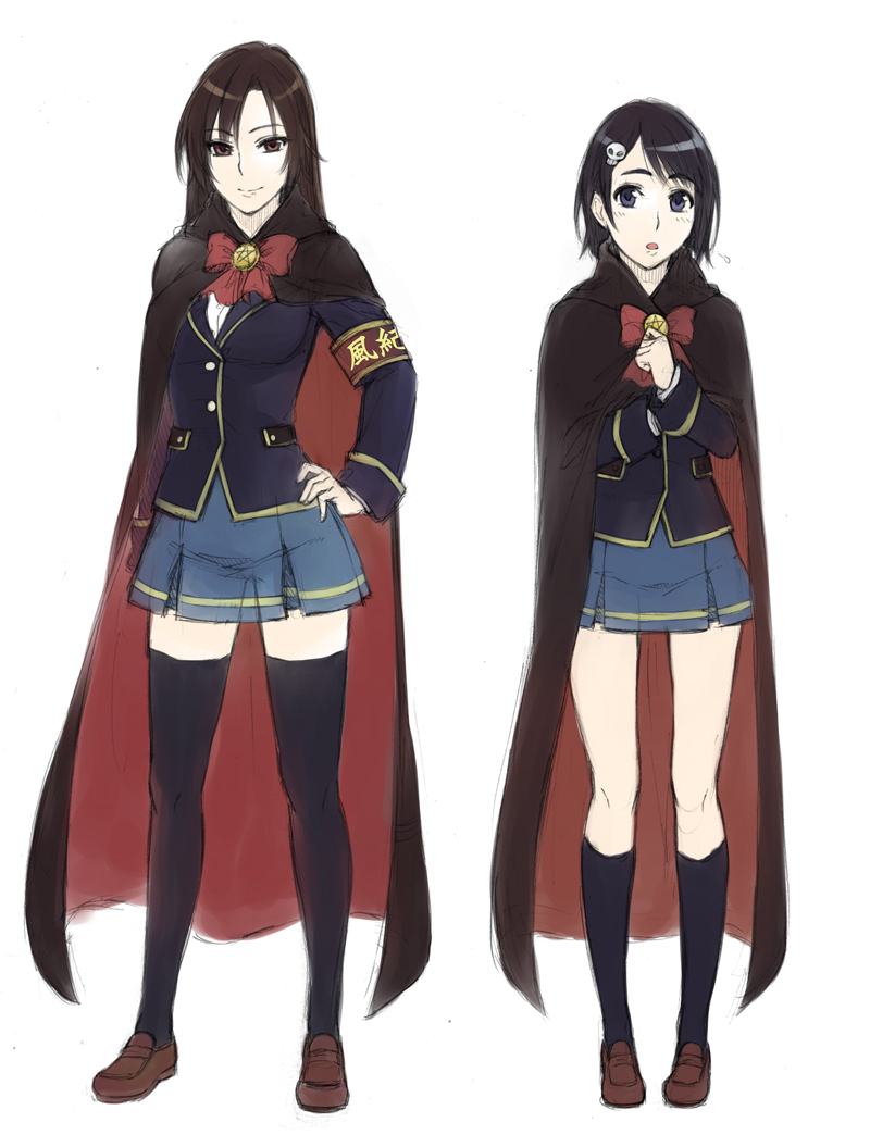 armband, black_legwear, blazer, bow, cape, d:, hair_ornament, hand_on_hip