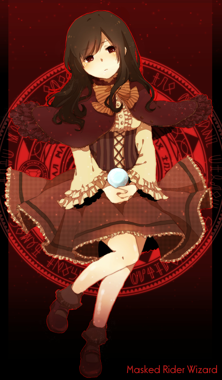 bow, brown_eyes, brown_hair, capelet, crystal_ball, female, highres, kamen_rider