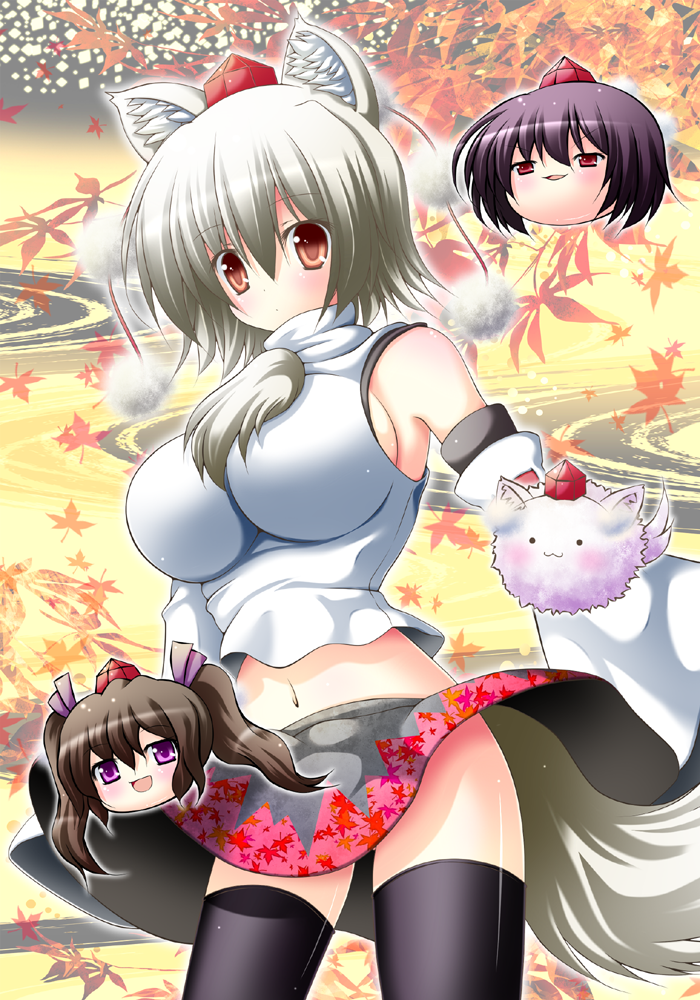 :3, animal_ears, black_hair, black_legwear, breasts, brown_hair, detached_sleeves, grey_hair