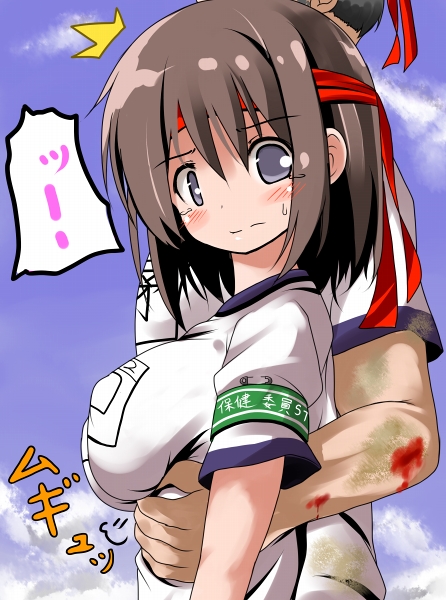!, 1girl, armband, blood, blush, breasts, brown_hair, grey_eyes