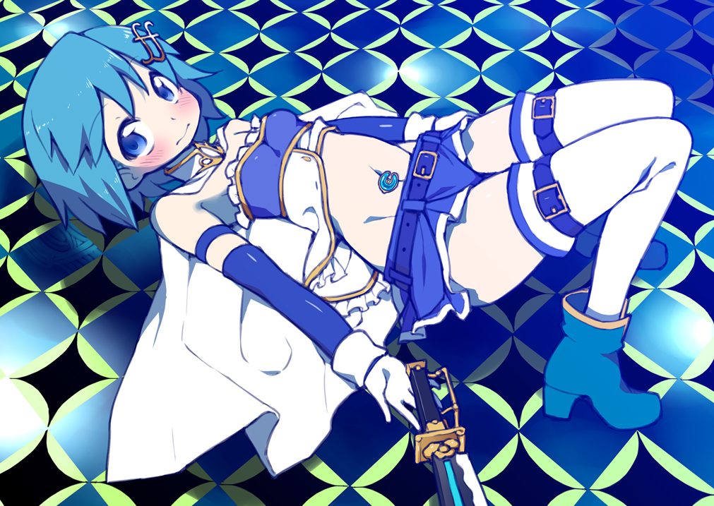 ahiruaoba, armband, bare_shoulders, blue_eyes, blue_hair, cape, gloves, hair_ornament, hairclip, lying, magical_girl, mahou_shoujo_madoka_magica, mahou_shoujo_madoka_magica_movie, midriff, miki_sayaka, navel, oktavia_von_seckendorff, short_hair, solo, soul_gem, spoilers, sword, thigh-highs, thighhighs, weapon, zettai_ryouiki