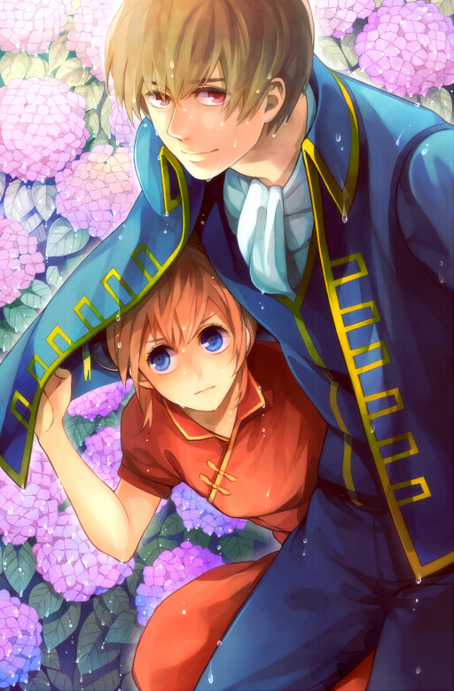 1girl, blue_eyes, brown_hair, flower, gintama, jacket, kagura_(gintama), marumaru22