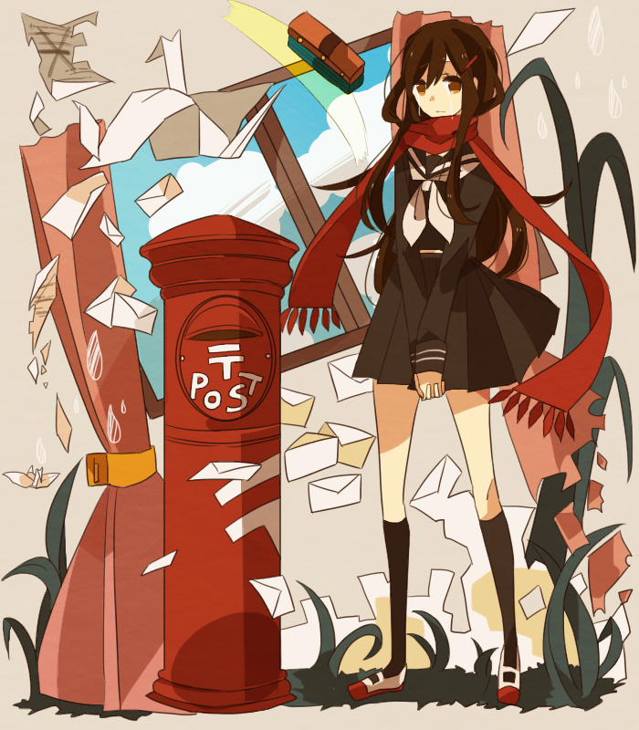 ayano_(kagerou_project), bad_id, envelope, hair_ornament, hairclip, kagerou_project, kusunoki_reita, long_hair, mailbox, paper, paper_crane, postbox, scarf, school_uniform, tears, toumei_answer_(vocaloid), window