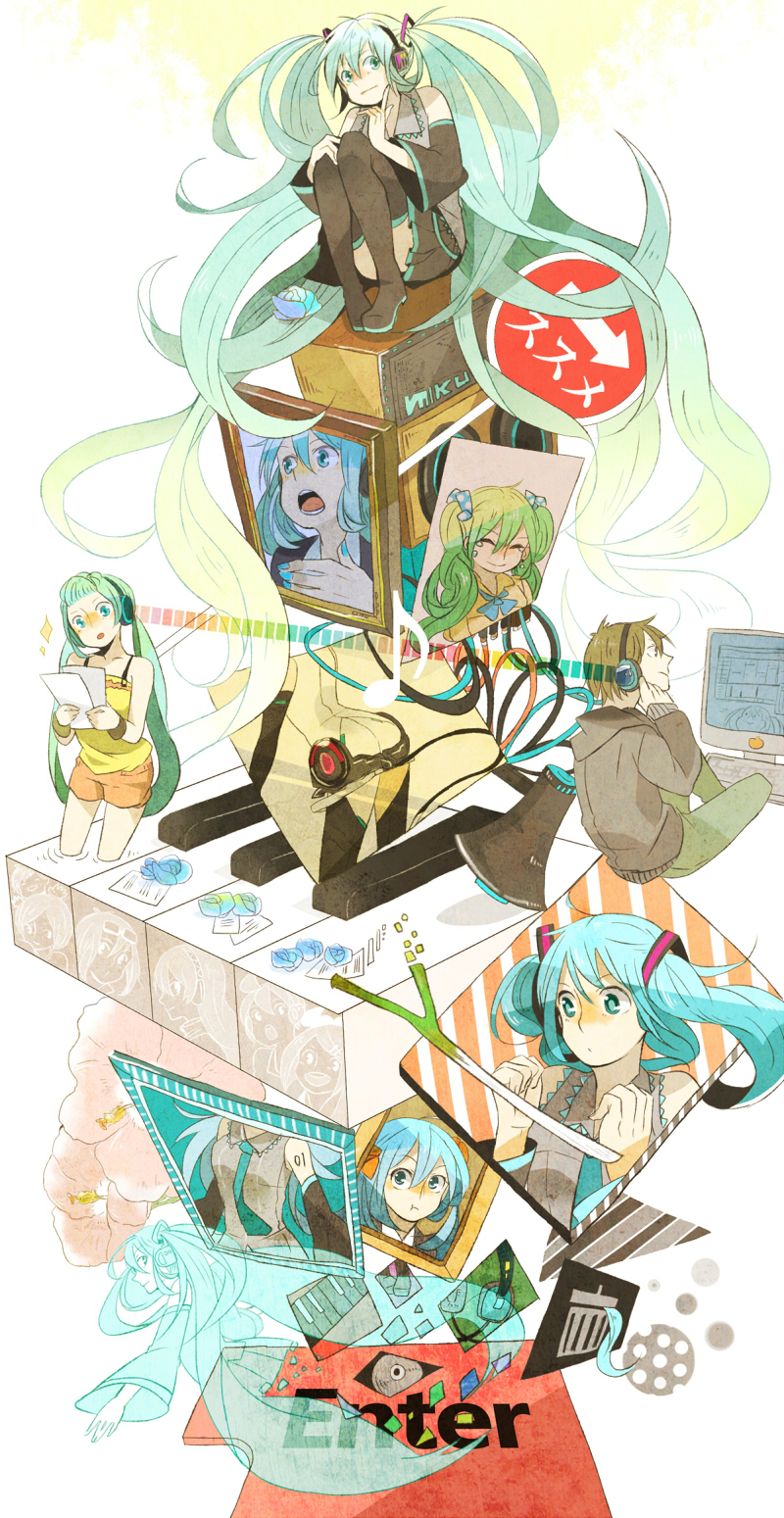 detached_sleeves, flower, hand_on_headphones, hatsune_miku, hatsune_miku_(append), headphones, highres, long_hair, makoto0820, megaphone, miku_append, necktie, open_mouth, paper, piano_keys, sitting, skirt, spring_onion, thigh-highs, thighhighs, twintails, very_long_hair, vocaloid, vocaloid_append