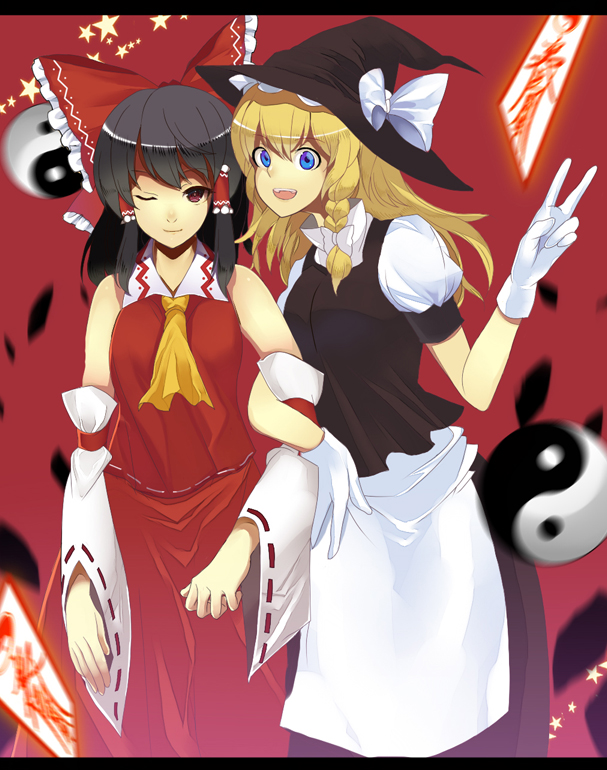 alternate_eye_color, apron, ascot, bare_shoulders, black_hair, blonde_hair, blue_eyes, blurry