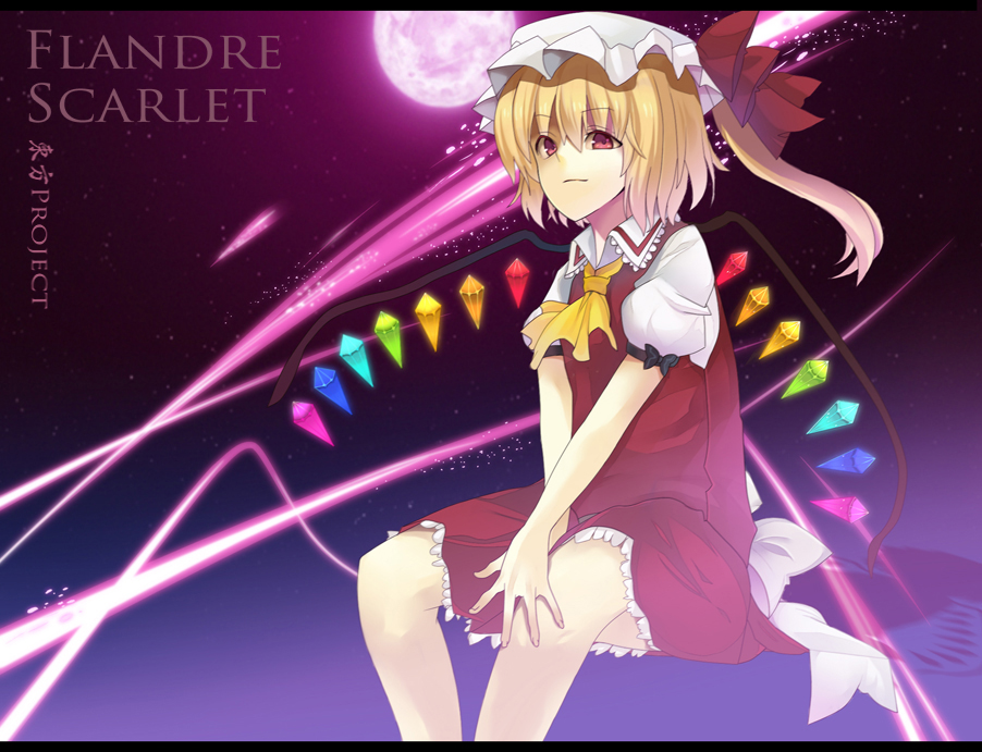 arm_ribbon, ascot, blonde_hair, character_name, crystal, down_(artist), flandre_scarlet, full_moon