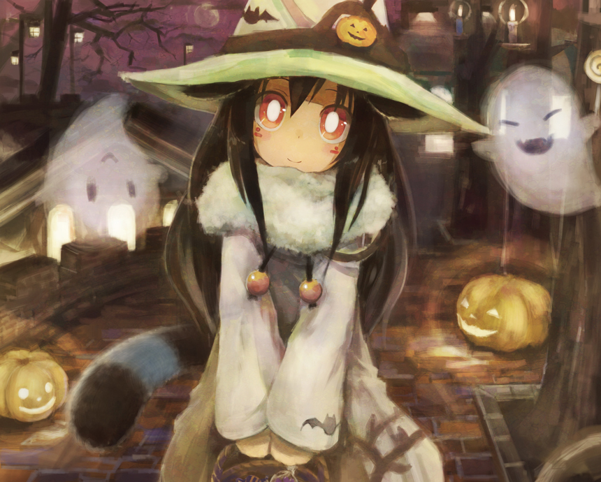 :>, :d, ^_^, animal_ears, basket, black_hair, blonde_hair, candle