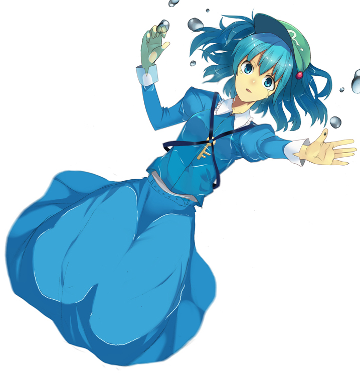 blue_eyes, blue_hair, down_(artist), falling, hat, juliet_sleeves, kawashiro_nitori, key