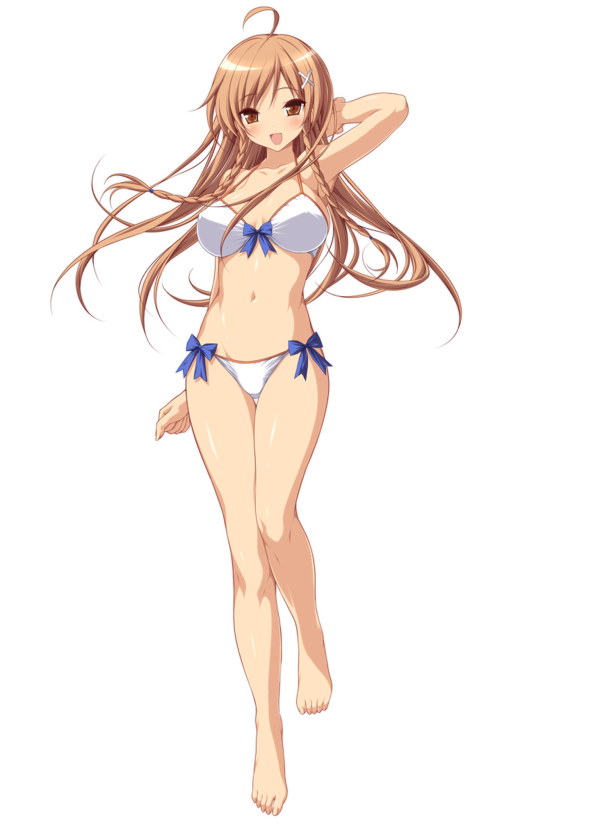 :d, ahoge, armpits, artist_request, barefoot, bikini, blush, braid, brown_eyes, brown_hair, culture_japan, danny_choo_(website), feet, hair_ornament, highres, koku, long_hair, navel, open_mouth, shiny, shiny_skin, smile, suenaga_mirai, swimsuit, thigh_gap, toenails, toes, transparent_background, twin_braids, white_bikini
