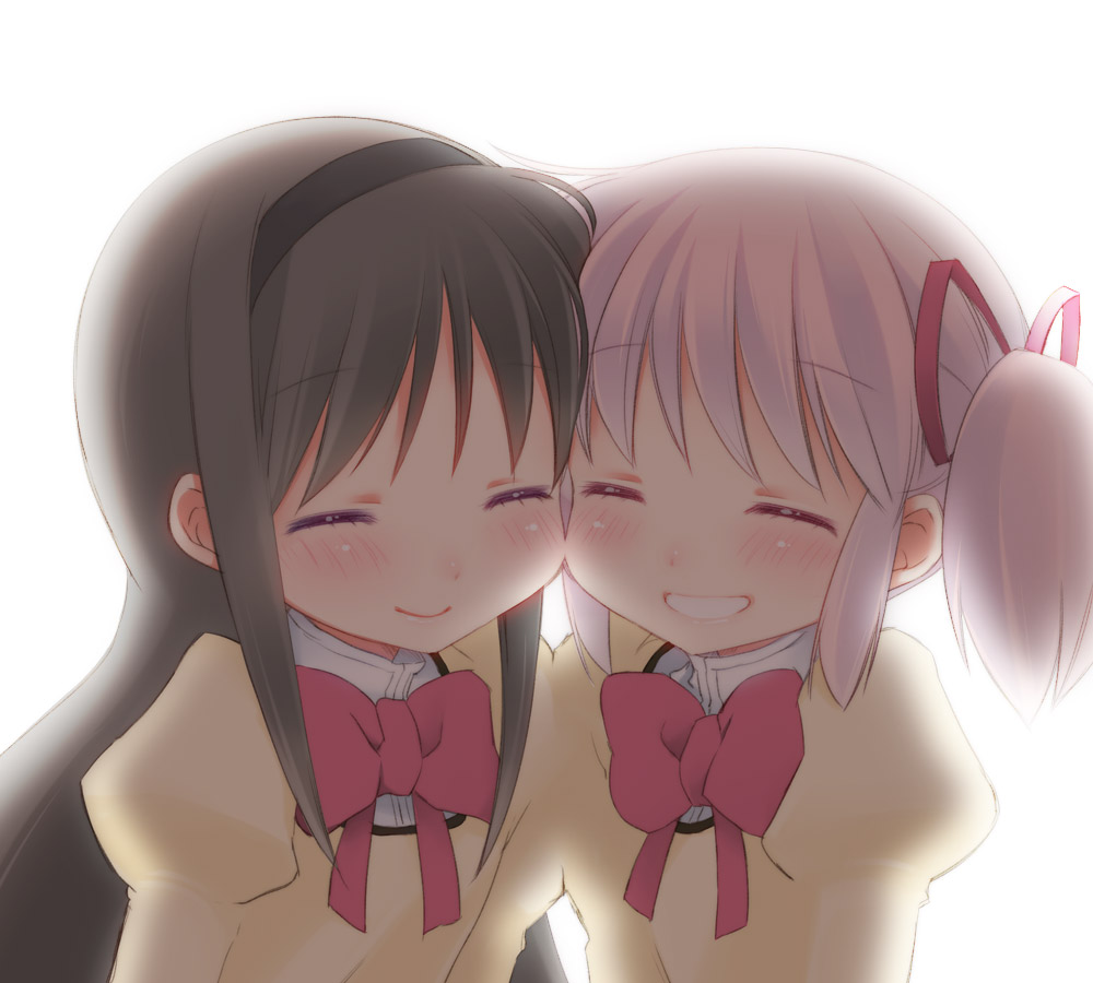 ^_^, akemi_homura, black_hair, blush, bow, closed_eyes, eyes_closed, grin