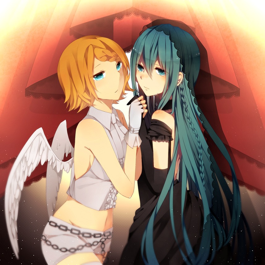 blonde_hair, dress, elbow_gloves, fingerless_gloves, gloves, hatsune_miku, himitsu_~kuro_no_chikai~_(vocaloid), kagamine_rin