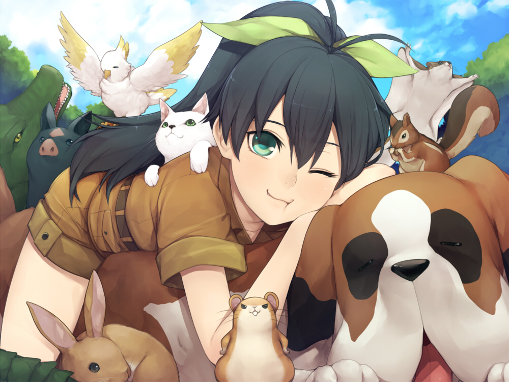 :t, animal, bird, black_hair, bunny, cat, chipmunk, cockatoo