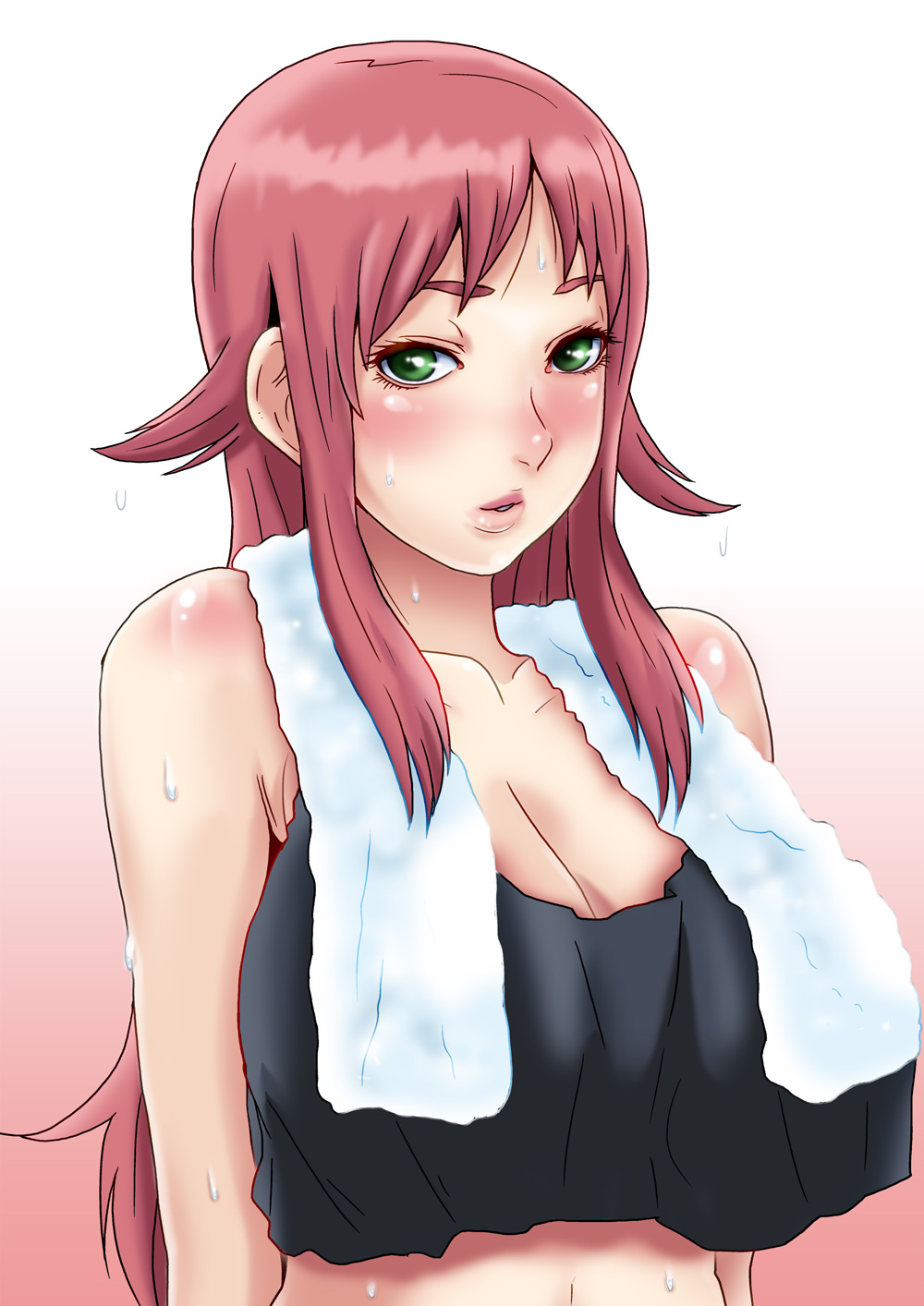 akana_rui, bare_shoulders, breasts, chousoku_henkei_gyrozetter, cleavage, green_eyes, highres, large_breasts