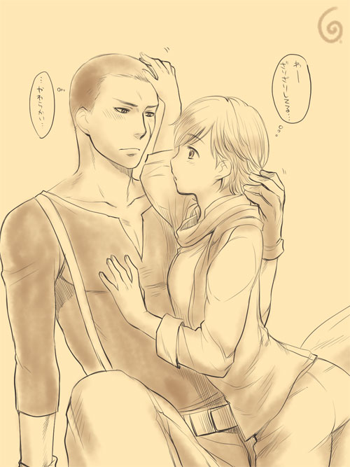 1girl, couple, hug, jake_muller, lactmangan, monochrome, petting, resident_evil