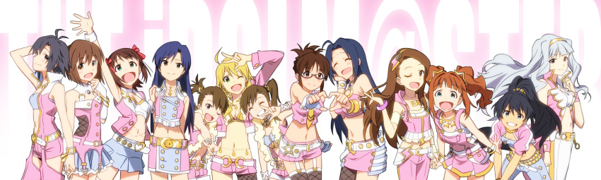 akizuki_ritsuko, amami_haruka, arm_up, bangle, belly_chain, black_hair, blonde_hair, blue_eyes