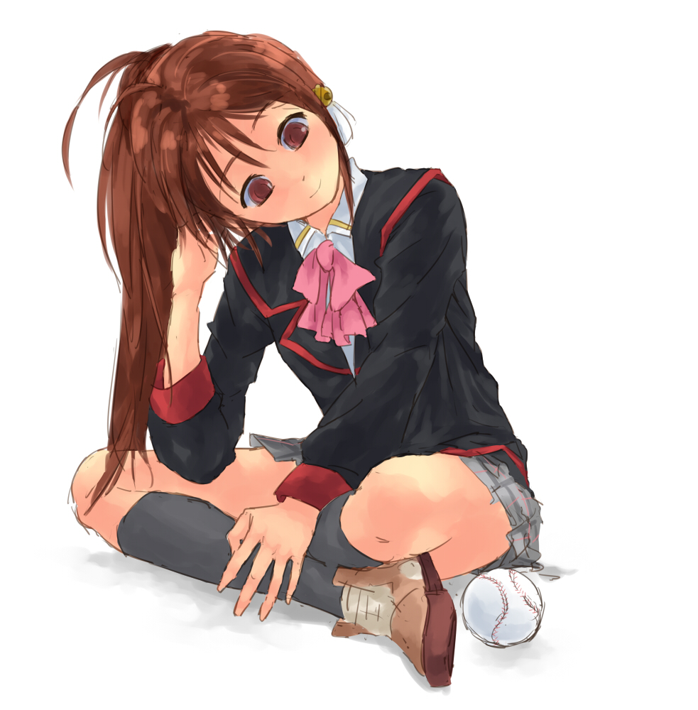 baseball, brown_hair, fukoujiman, indian_style, little_busters!!, long_hair, natsume_rin, plaid, plaid_skirt, ponytail, red_eyes, school_uniform, sitting, skirt