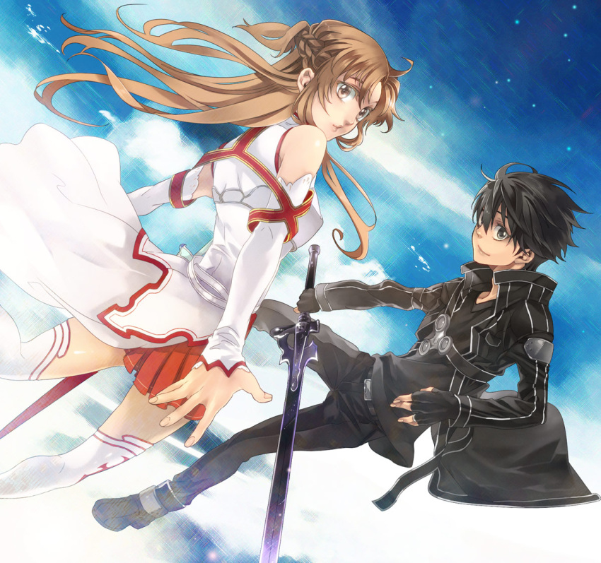 1girl, asuna_(sao), black_eyes, black_hair, brown_eyes, brown_hair, detached_sleeves, dutch_angle