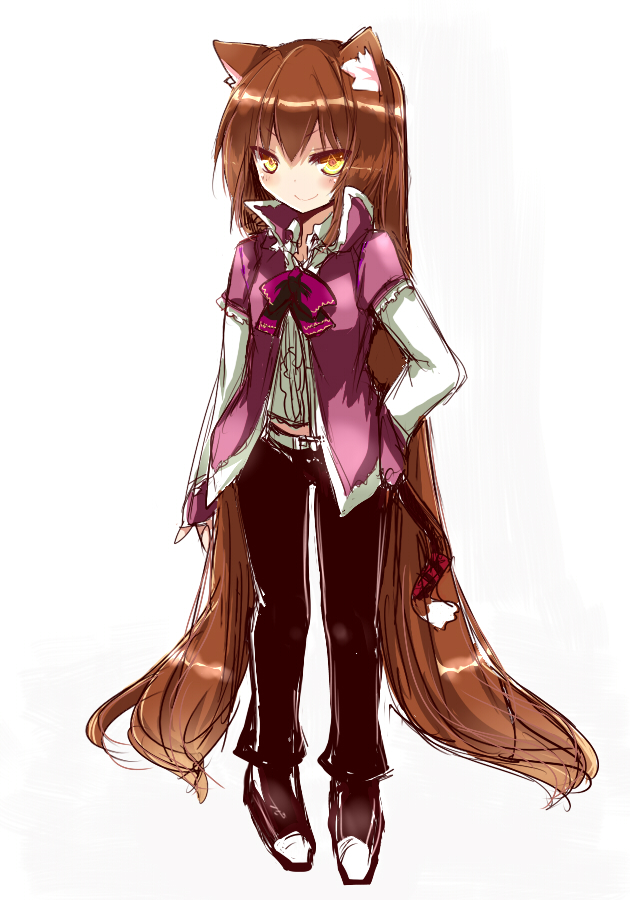 alternate_costume, animal_ears, blush, brown_hair, cat_ears, cat_tail, hand_on_hip, long_hair