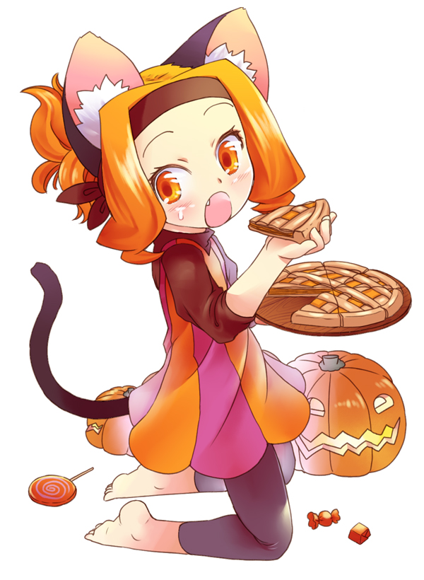 :o, animal_ears, barefoot, blonde_hair, blush, candy, cat_ears, cat_tail