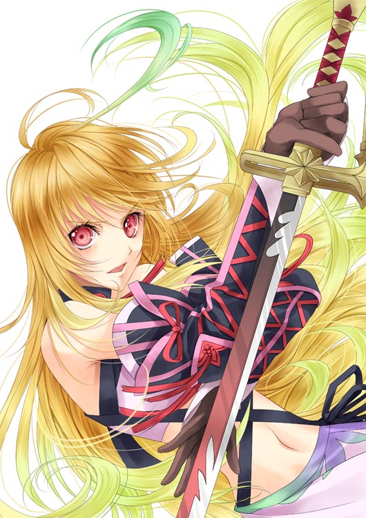 ahoge, blonde_hair, gloves, gradient_hair, green_hair, long_hair, midriff, milla_maxwell, miyama_kiri, multicolored_hair, navel, red_eyes, solo, sword, tales_of_(series), tales_of_xillia, weapon, white_background