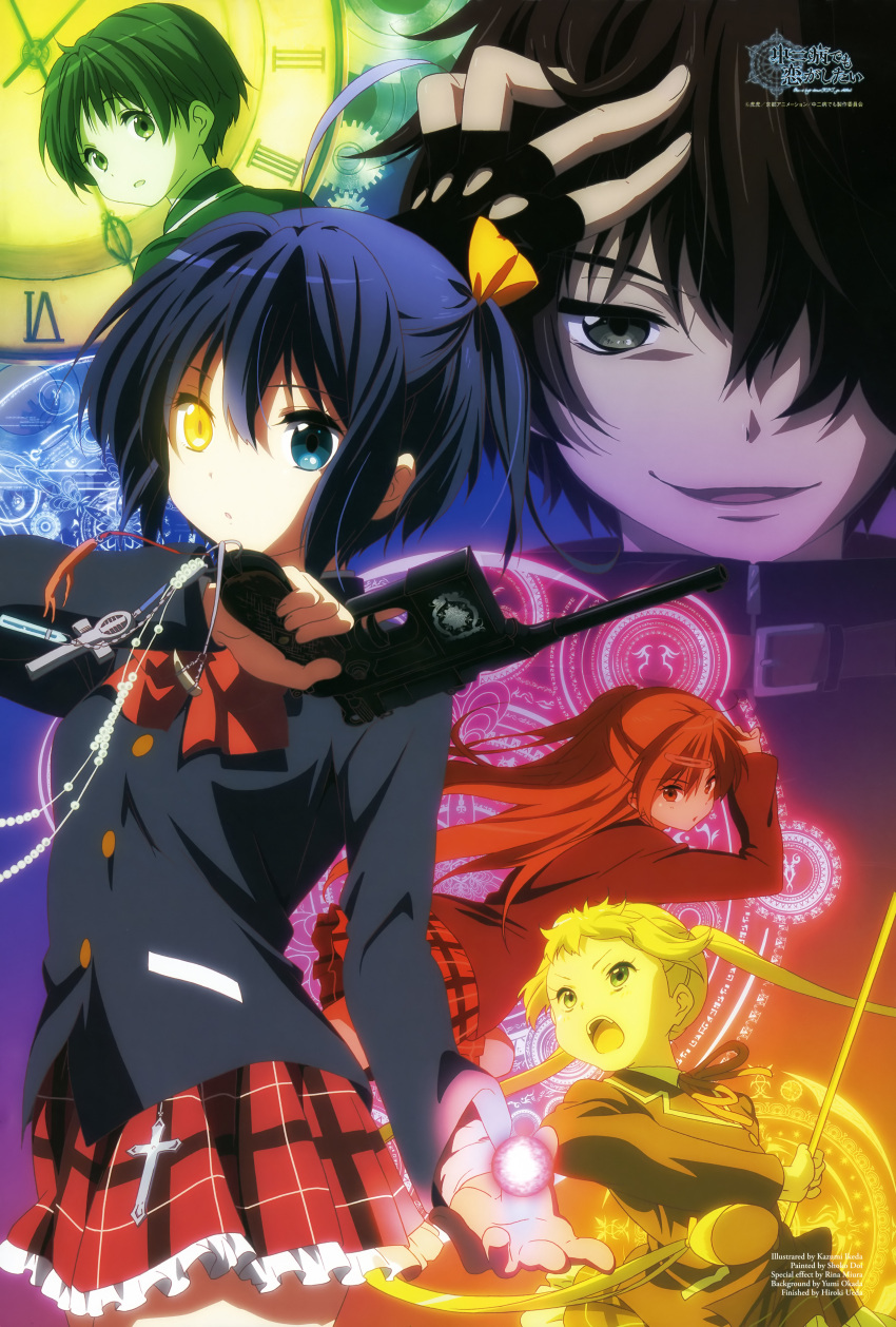 1boy, 4girls, absurdres, ahoge, artist_name, belt, black_gloves, black_hair