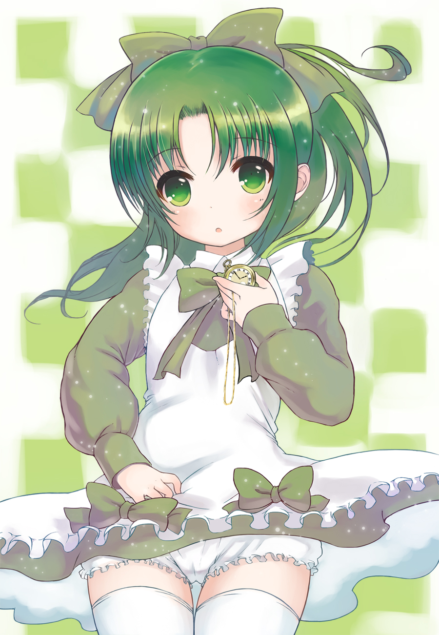 alice_in_wonderland, bloomers, checkered, checkered_background, dress, green, green_eyes, green_hair