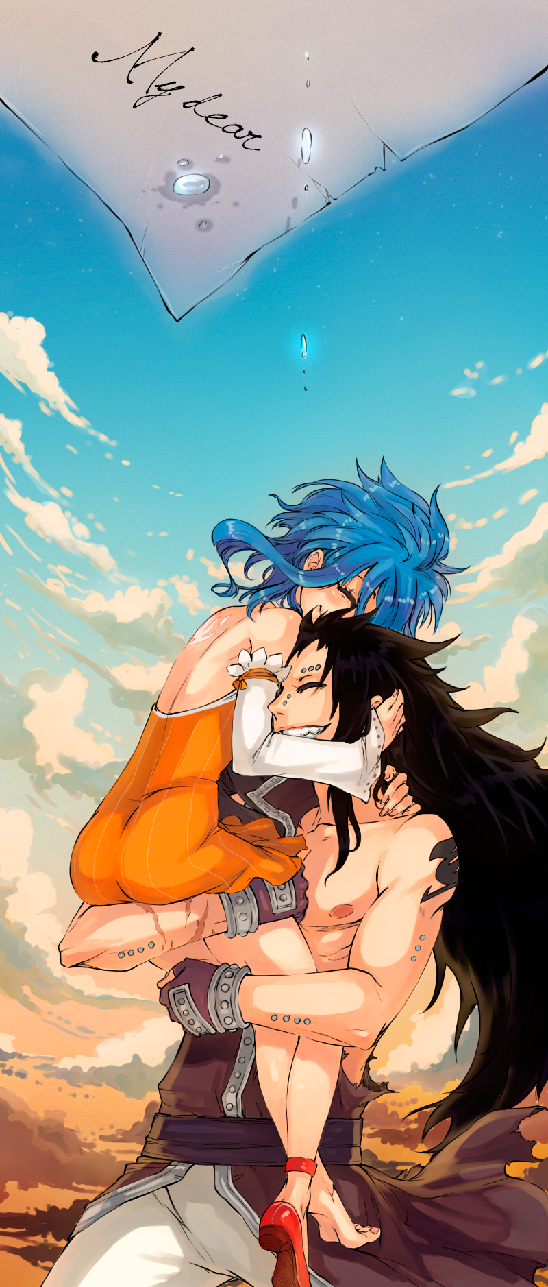 1girl, ^_^, bare_shoulders, black_hair, blue_hair, blush, carrying, closed_eyes
