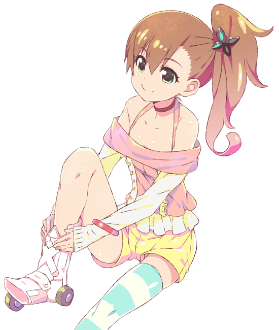 bare_shoulders, brown_hair, butterfly_hair_ornament, chousoku_henkei_gyrozetter, futami_mami, green_eyes, hair_ornament, idolmaster