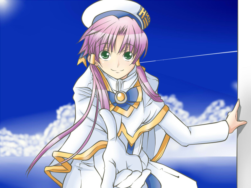 cloud, clouds, gloves, green_eyes, hands, hat, highres, mari_tomo