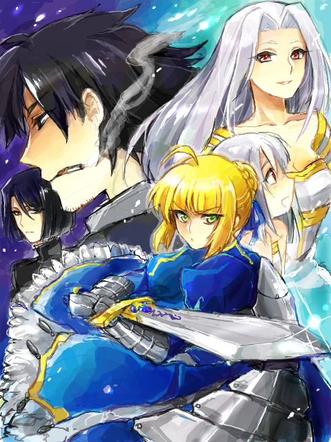 4girls, ahoge, armor, armored_dress, bad_id, black_eyes, black_hair, blonde_hair