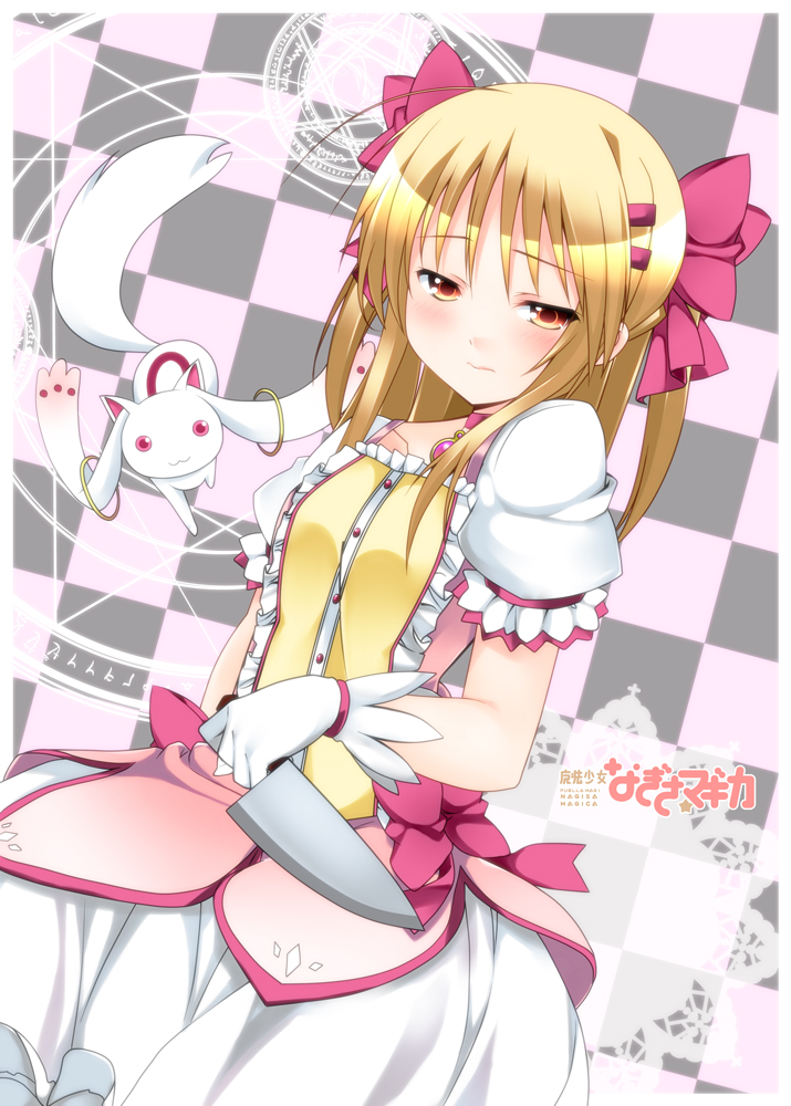 blonde_hair, blush, bubble_skirt, cosplay, dress, gloves, jewelry, kaname_madoka