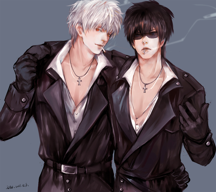 2boys, babyfoxcc, black_hair, blue_eyes, cigarette, cross, cross_necklace, gintama