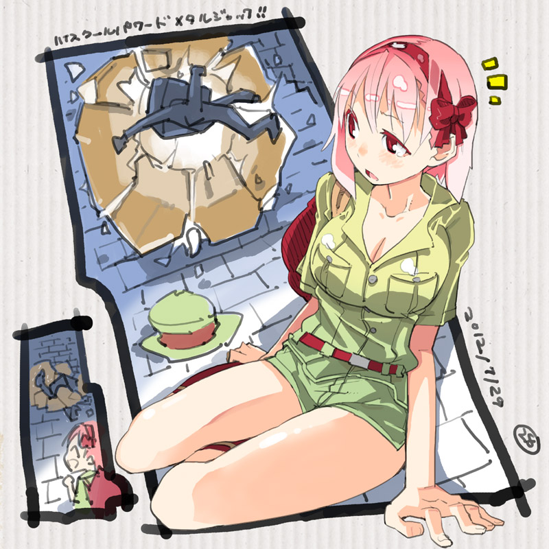 1girl, boulder, bow, breasts, character_request, chibi, cleavage, foreshortening