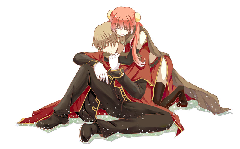 1boy, 1girl, bun_cover, cape, closed_eyes, double_bun, elbow_gloves, eyes_closed, gintama, gloves, kagura_(gintama), midriff, okita_sougo, red_eyes, red_hair, redhead, teenage, thigh-highs, thighhighs, time_paradox, twintails, xxxsuka