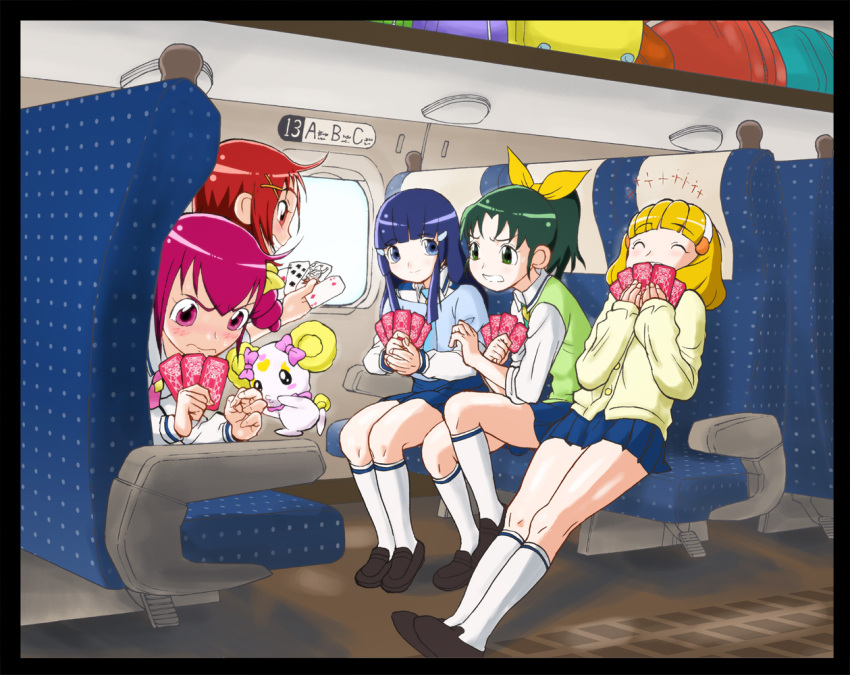 5girls, aoki_reika, candy_(smile_precure!), card, cardigan, hairband, hino_akane, hoshizora_miyuki, itsuzukikanau, kise_yayoi, kneehighs, loafers, midorikawa_nao, multiple_girls, playing_card, playing_games, precure, school_uniform, shoes, sleeves_rolled_up, smile_precure!, sweater_vest