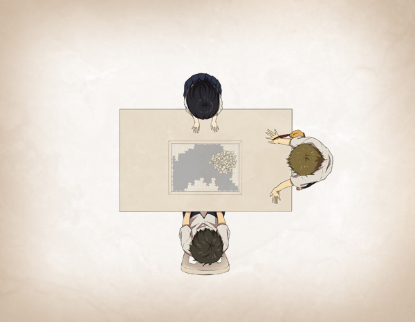 brown_hair, chitanda_eru, from_above, fukube_satoshi, hyouka, jigsaw_puzzle, oreki_houtarou, oreki_tomoe