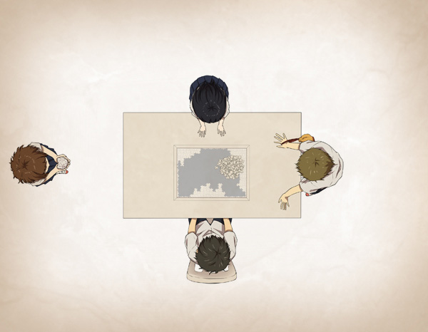 brown_hair, chitanda_eru, from_above, fukube_satoshi, hyouka, ibara_mayaka, jigsaw_puzzle, oreki_houtarou