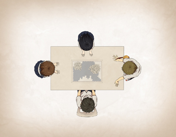 brown_hair, chitanda_eru, from_above, fukube_satoshi, hyouka, ibara_mayaka, jigsaw_puzzle, oreki_houtarou