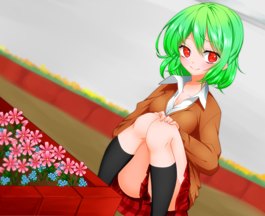 blush, breasts, cleavage, flower, flower_bed, green_hair, hatori_(kururu45), kazami_yuuka, looking_at_viewer, plaid, plaid_skirt, red_eyes, school_uniform, short_hair, skirt, smile, solo, squatting, touhou