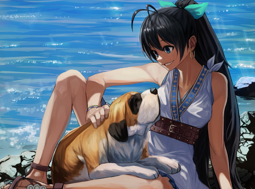 antenna_hair, black_hair, blue_eyes, bukimi_isan, dog, earrings, ganaha_hibiki, grin